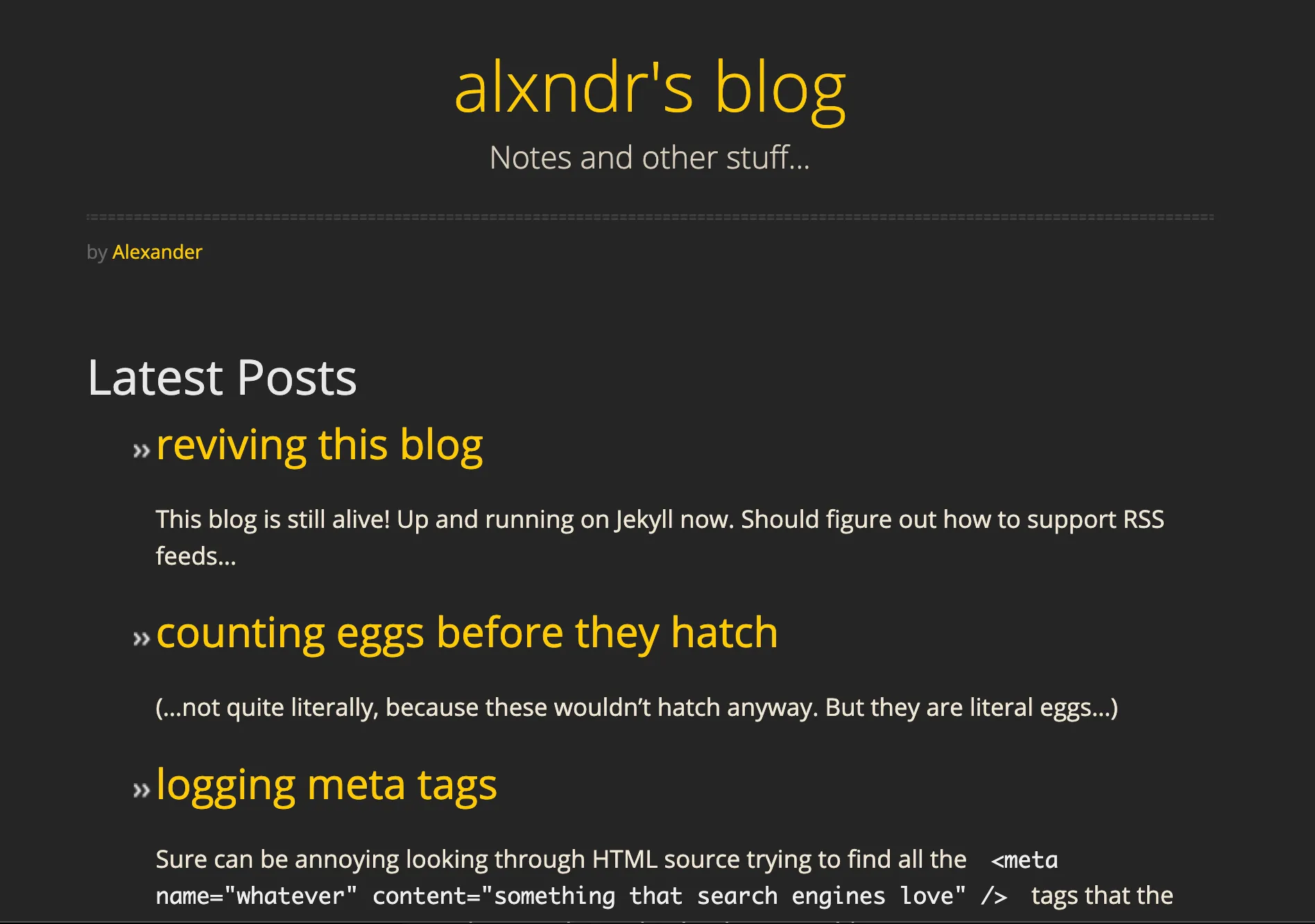 Screenshot of alxndr.blog v2, Jekyll-based design, February 2021