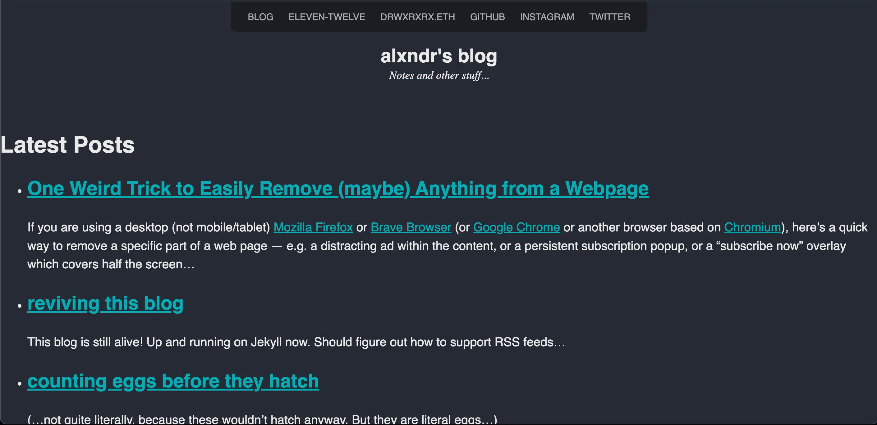 Screenshot of alxndr.blog v2.1, Jekyll with So Simple theme, early 2022
