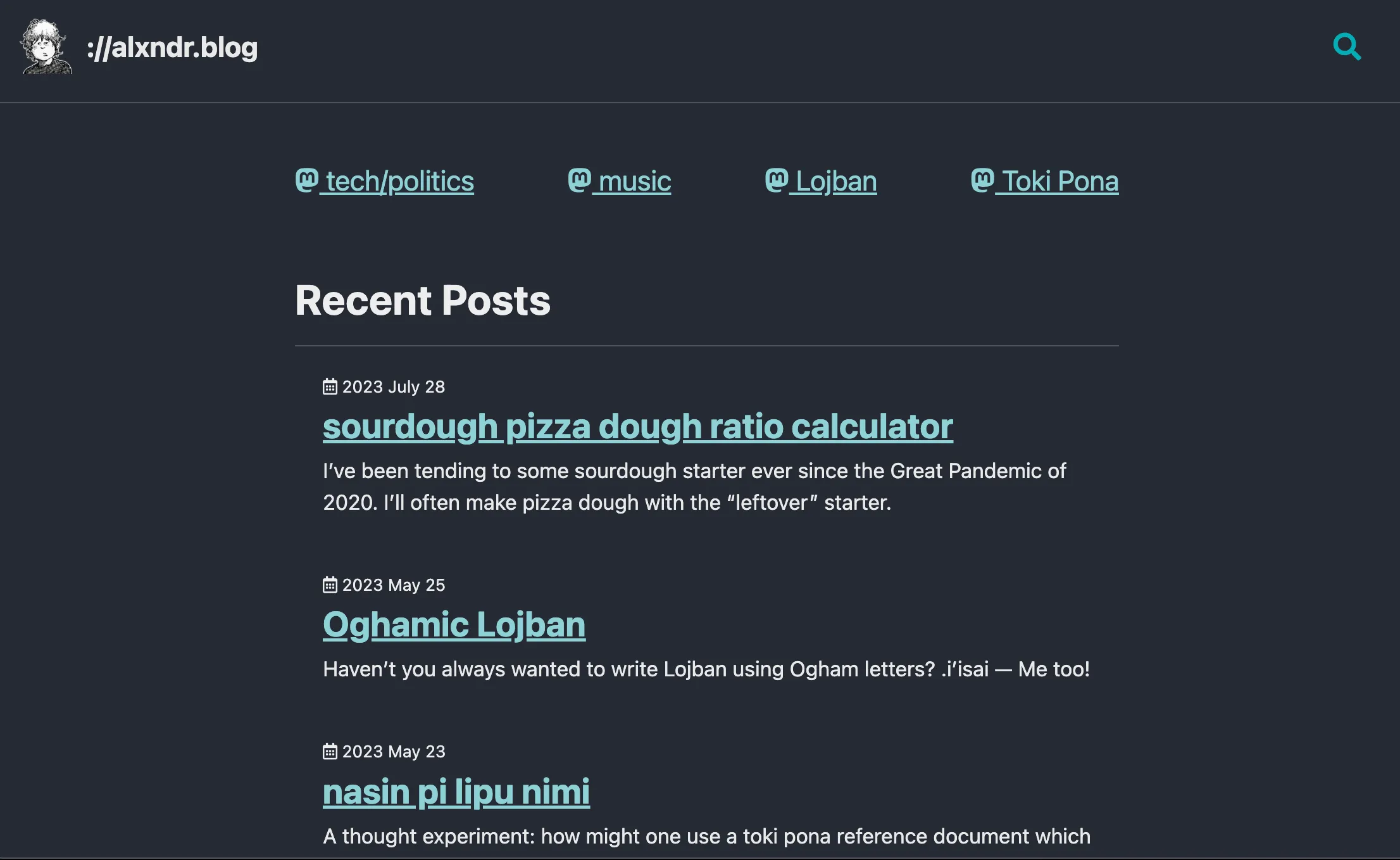 Screenshot of alxndr.blog v2.3, Jekyll with bespoke theme, mid 2023