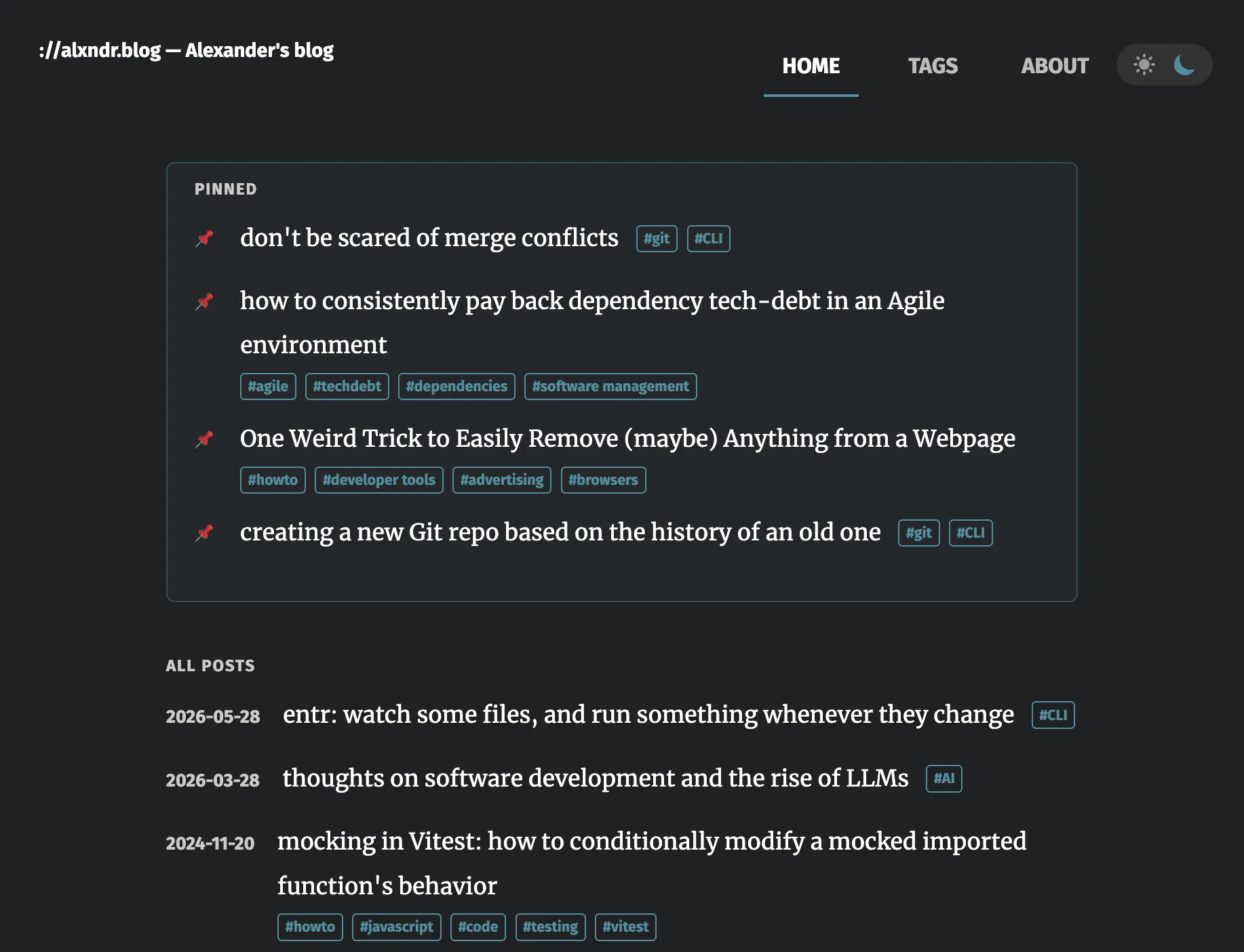 Screenshot of alxndr.blog v3, Astro-based design, mid 2026